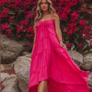 Raspberry pink high-low tiered boho maxi dress - size Large (L)